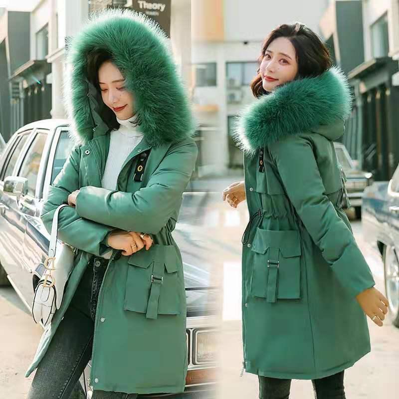 Solid Cotton Liner Parker Down Parkas New Long Hooded Winter Jacket Women Adjustable Waist Warm Fur Collar Coat