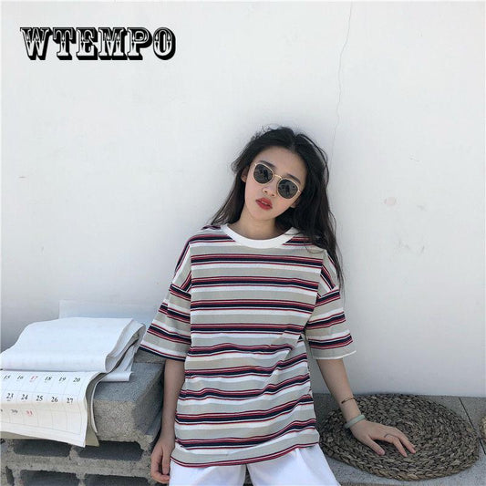 Fashion T shirts Women  Summer Striped Short Sleeve  Tshirt Femme Casual Loose Sweet Style