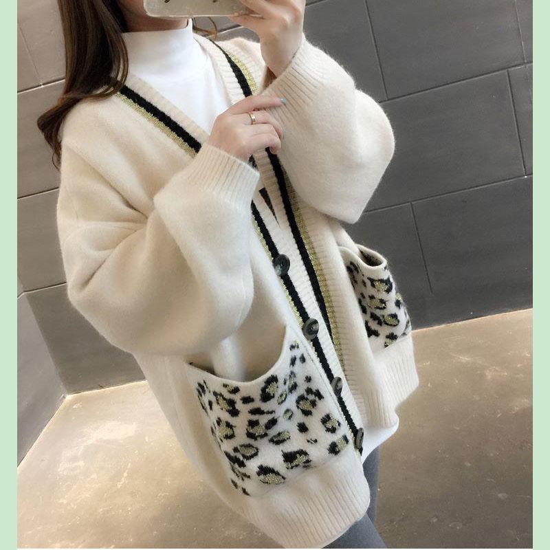 Spring and Autumn V-neck Jacket Knitted Cardigan Leopard Print Top Mid-length Casual Female Student Sweater