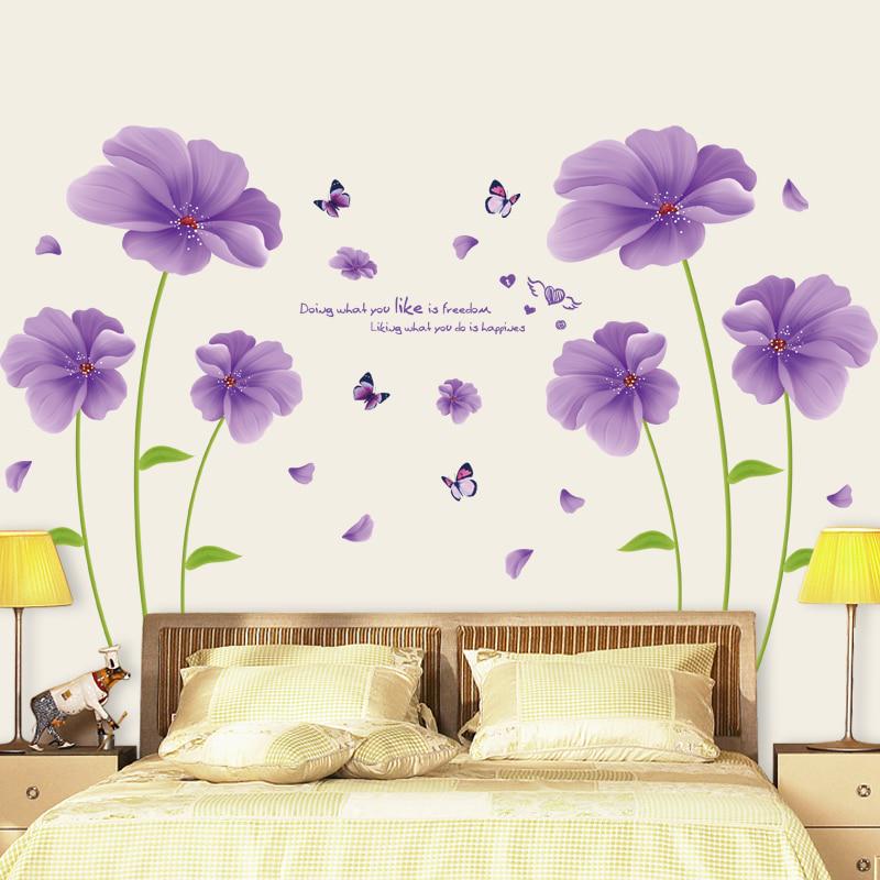 PVC Wall Sticker Stickers Children's Room Living Room Bathroom Purple Flowers and Butterfly Leaves