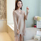 Autumn  Winter Women's Mid-length Sweater Ripped Tassel Sweater Casual Loose Knit Sweater Dress Outer Wear