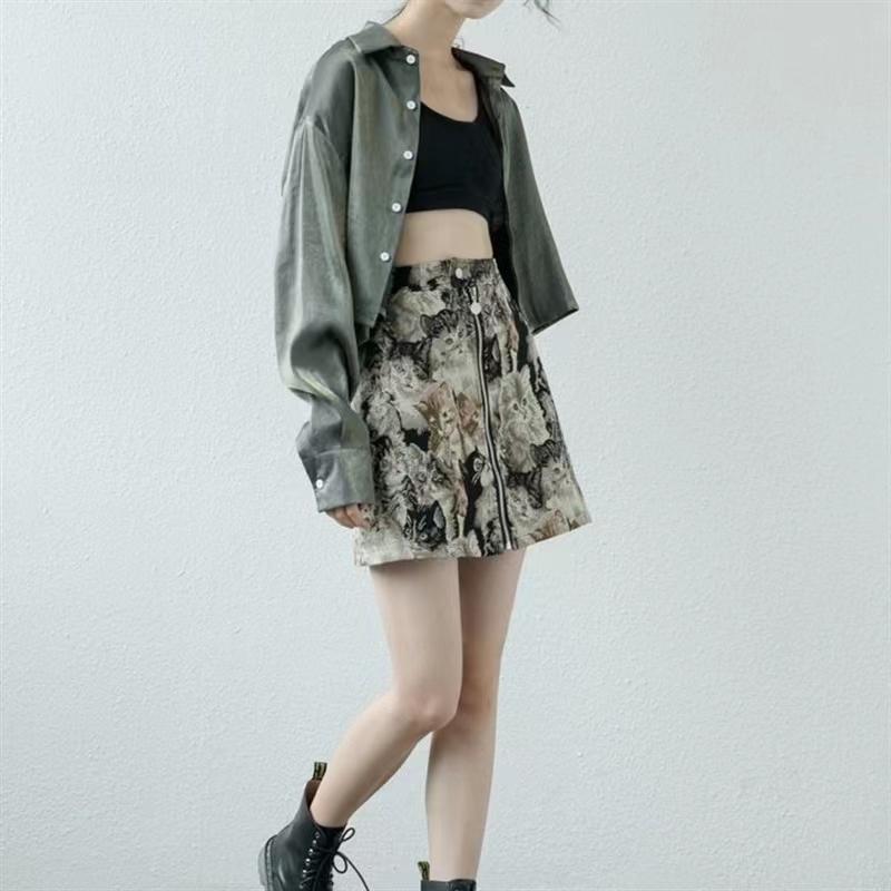 Retro A-line Skirt Jacquard Embroidery Cat Print Mini Skirt Spring Summer Women's High Waist Cool Short Skirt Hip Skirt