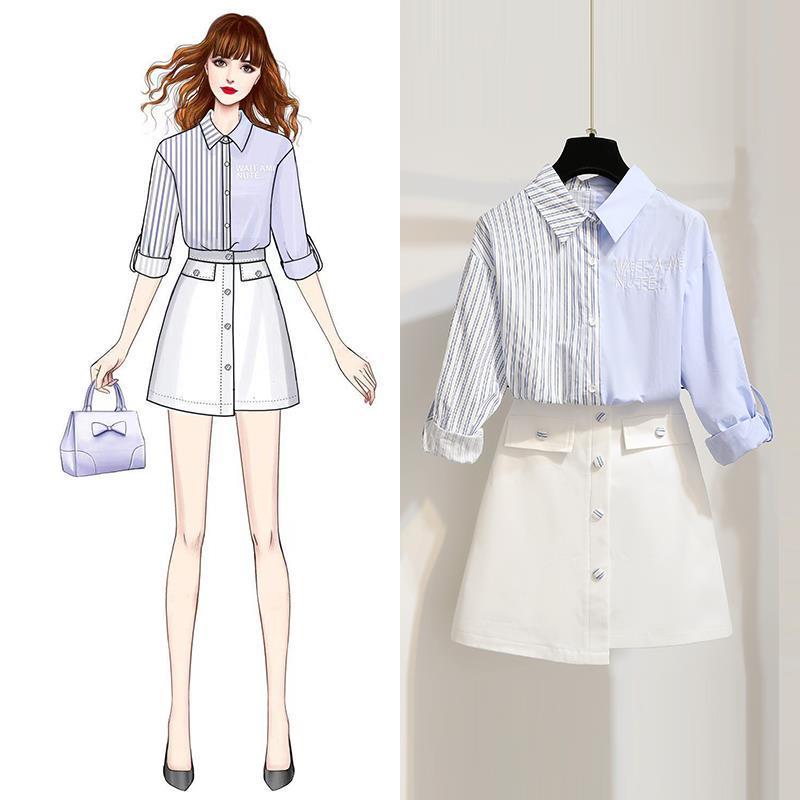 Pofulove Women Summer Shirt 2-piece Set long sleeve striped shirt Asymmetrical Skirt 2 piece Sets