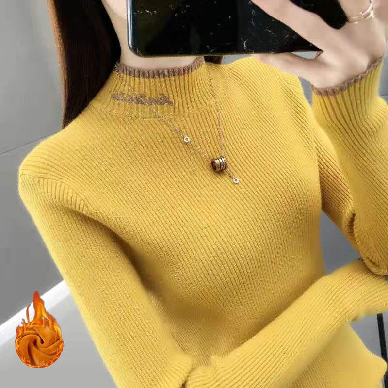 Autumn and Winter Korean Version of Warm Knit Sweater Slim Long-sleeved Solid Color Top Plus Velvet Thick Round Neck Sweater