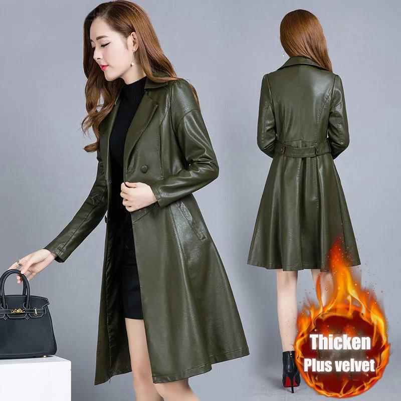 Winter Women's Leather Jacket Fashion Waist Mid-length Leather Jacket Plus Cotton Thicker PU Leather Large Size Leather Jacket