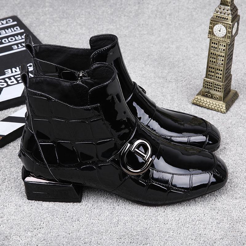 Winter Autumn Women Boots Square Heel Ankle Boots Paint Leather Boots Motorcycle Botas Lady Shoes