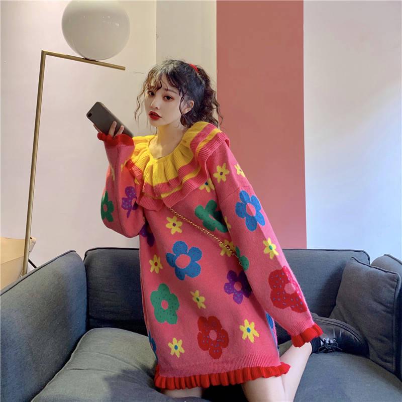 Mid-length Ruffles O-neck Sweater Women Sweet Knitted Loose Flower Print Chic Girl Pullover Dress