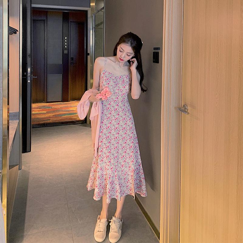 Female Spring Summer Small Fresh Simple Retro Elegant Gentle Slim Fairy Floral Suspender Dress