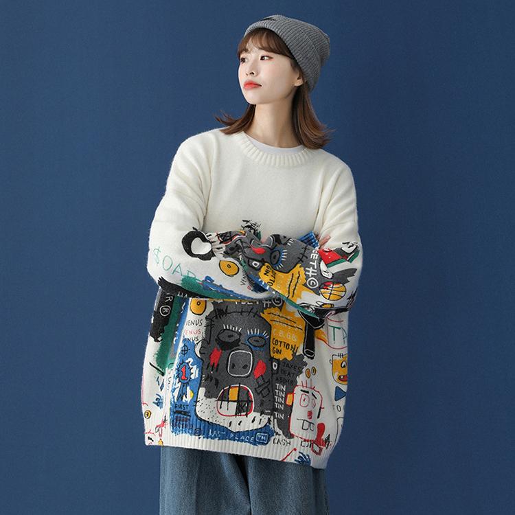 Women Oversized Sweater Autumn Winter Casual Loose Outerwear O Neck Pullover Sweater Coat Student Warm Jumpers Hip Hop Streetwear White Grey