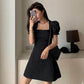 Black Mid-length Dress Summer Square Collar Waist Thin Skirt Puff Sleeve High-waisted A-line Skirt