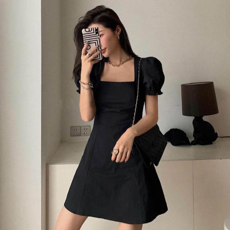 Black Mid-length Dress Summer Square Collar Waist Thin Skirt Puff Sleeve High-waisted A-line Skirt