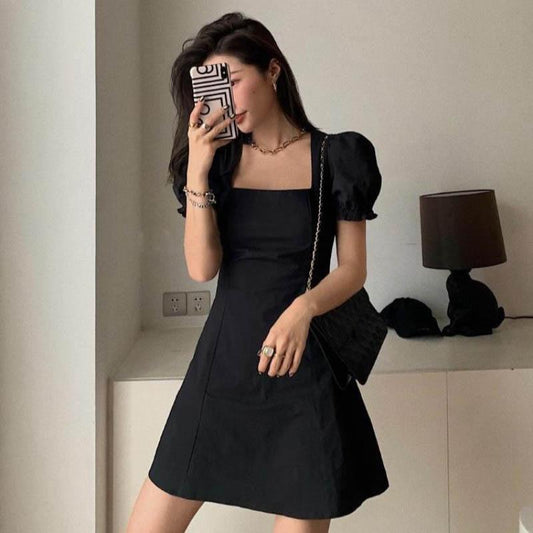 Black Mid-length Dress Summer Square Collar Waist Thin Skirt Puff Sleeve High-waisted A-line Skirt