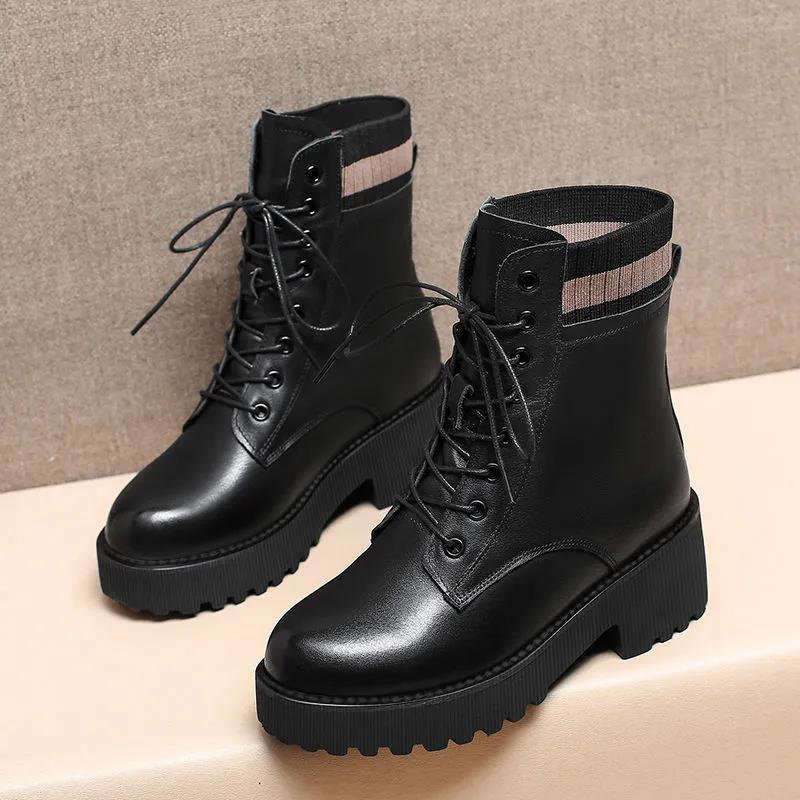 Martin Boots Women's Winter Plus Velvet Leather Mid-heel Shoes Women's Cotton Shoes Thick Heel Thick-soled British Style Short Boots Women