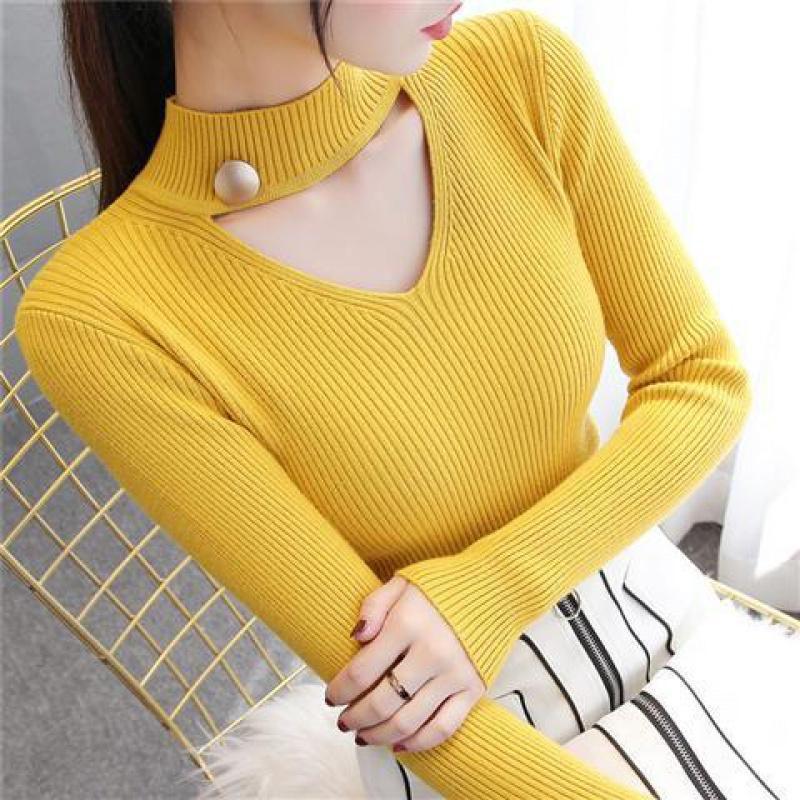 Autumn and Winter Hollow V-neck Sweater Long-sleeved Slim Pullover Bottoming Shirt Fashion Knitted Women's Top