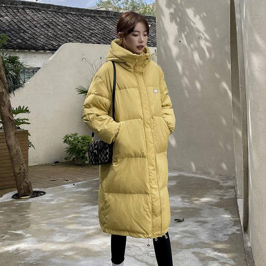 Women's Mid-length Down Jacket Korean Style Loose Thick Winter Hooded White Duck Down Jacket