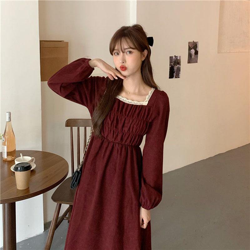 Spring and Autumn Korean Version of French Temperament Square Collar Lace Folds Waist Dress Students