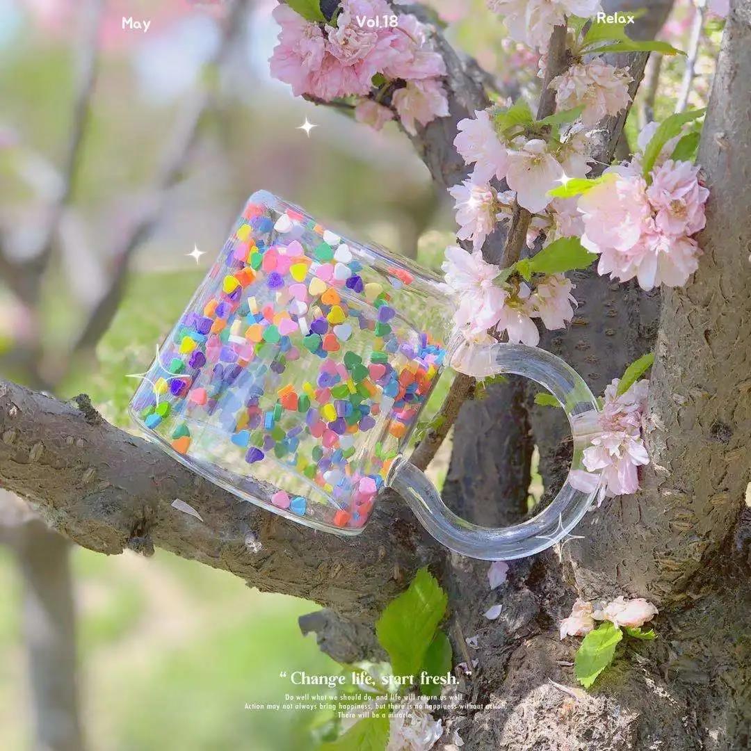 Ins Cute Girl Glass Flowing Love Bobo Cup Quicksand Cup Double Cup Water Cup Creative Gift Cup