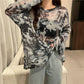 Fall Version of Tie dye Loose Simple Long-sleeved fall T-shirt Women Simple Pure color Bottoming Net yarn Blouse Tee