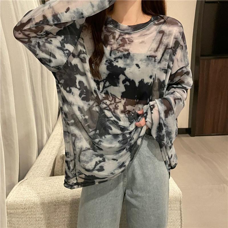 Fall Version of Tie dye Loose Simple Long-sleeved fall T-shirt Women Simple Pure color Bottoming Net yarn Blouse Tee