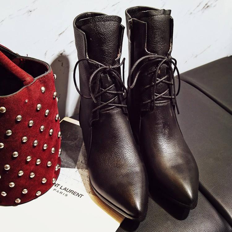 Women PU Leather Boots Winter Pointed Toe High Heel Boots Zipper Fashion Motorcycle Boots Size