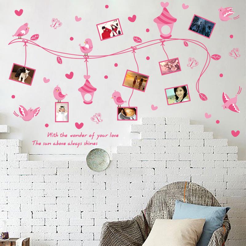 Rotten bird photo frame removable bedroom living room decorative wall stickers pink birds wallpaper