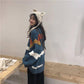 Pofulove Autumn Winter Harajuku Stitching Striped Mid-length Pullover Sweater Loose Sweater Coat