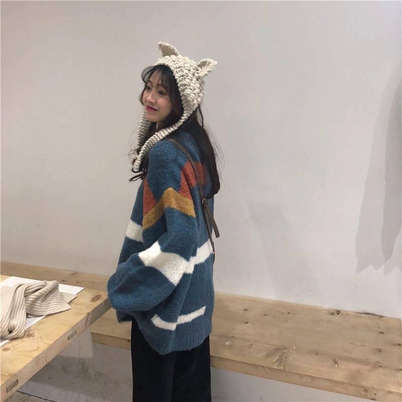 Pofulove Autumn Winter Harajuku Stitching Striped Mid-length Pullover Sweater Loose Sweater Coat