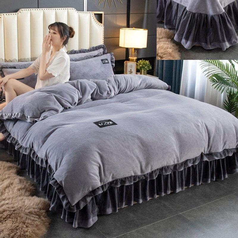 4pcs/set Korean Version of High-grade Milk Velvet Bed Linen Thickened Plus Velvet Warmth Pure Color Quilt Cover Large Bedding