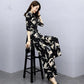 Black Suit Women's Summer Two-piece Suit Slim Wide-leg Pants + Long-sleeved Shirt Temperament Printed Suit Suit Women