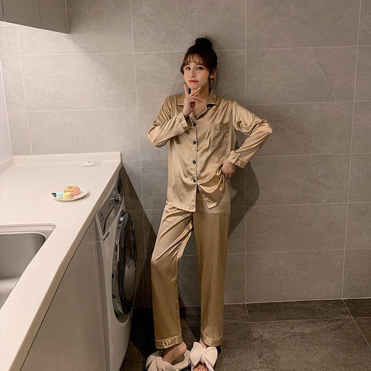 Plus Size Women's Pajamas Spring and Autumn Long-sleeved Ice Silk Thin Korean Home Service Two-piece Suit