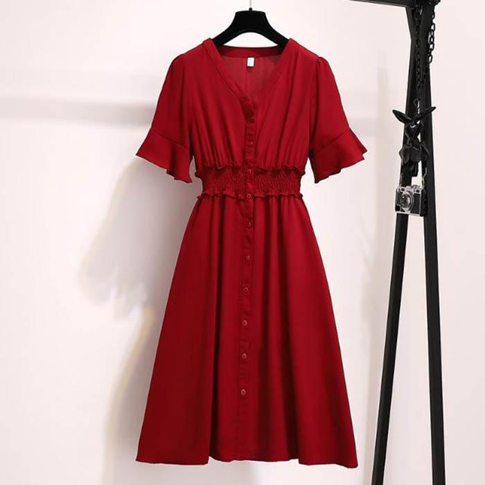 L-5XL Women V-neck Elastic Waist Red Dress Plus Size Slim Short-sleeved Long A-line Dress