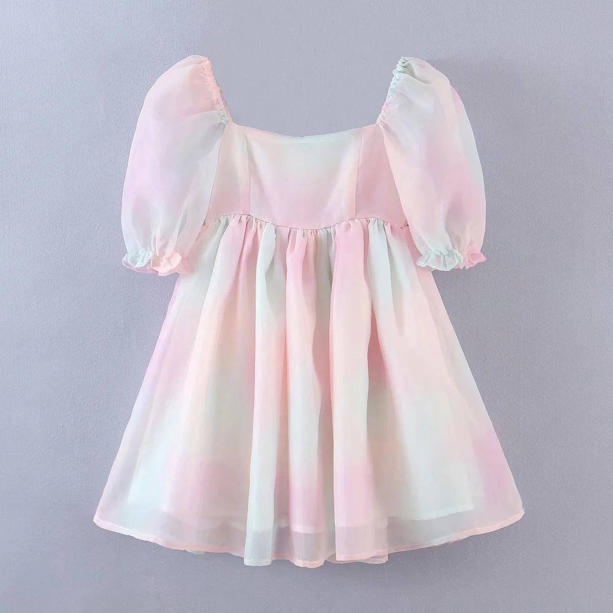 Sweet Women Tie Dye Princess Dresses Summer Multicolor A-line Puff Short Organza Ball Gown Dress