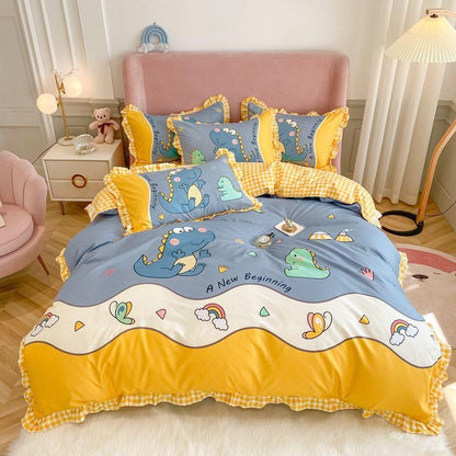 Naked Sleeping Sanded Four-piece Super Soft Korean Style Washed Cotton Bed Linen Quilt Cover Bedding