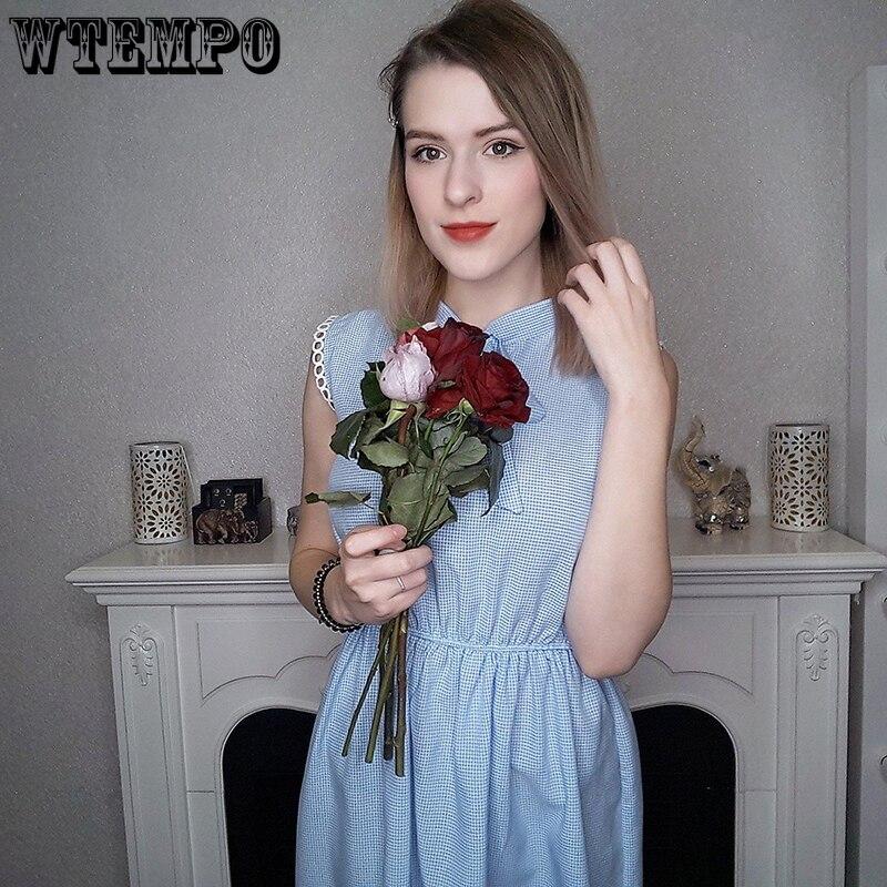 Women Summer Dresses Sleeveless Light Blue Sweet Mini Dress Bandage Collar Plaid Casual Dress Sexy Plus Size Slim Clothes
