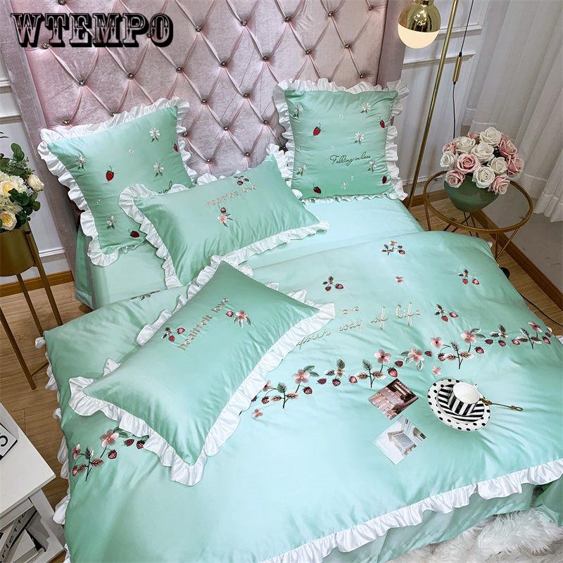 Cotton 4pcs Jacquard Silk Cotton Luxury Bedding Set King Size Queen Bedclothes Bed Skirt