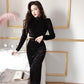 Spring and Autumn Skirt Suit Women's Gold Velvet Crop Top and Mid-length High Waist Bag Hip Skirt Two-piece Set  Ladies Glittering Outfits