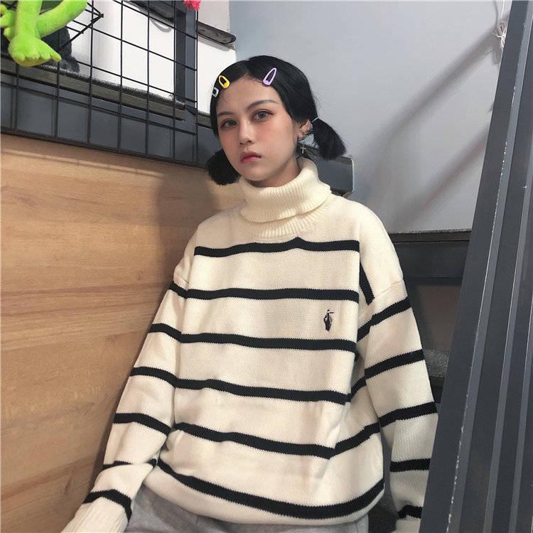 Pofulove Striped Embroidered Turtleneck Women's ulzzang Students Loose Contrast Color Sweater Coat
