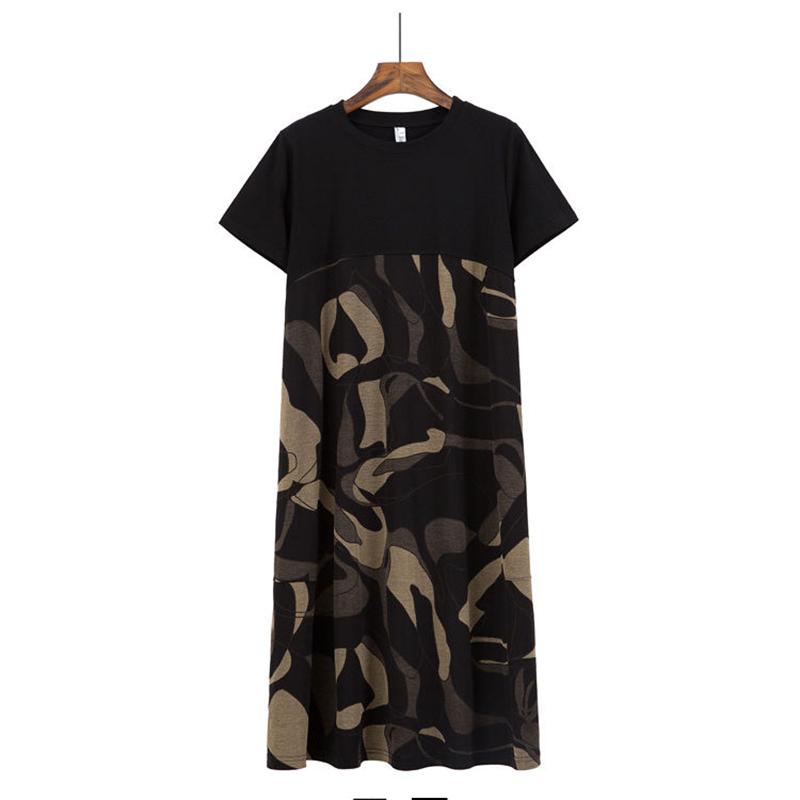 Large Size M-XXXXL Summer Printing Stitching Polyester Short-sleeved Knee-length A-line Dress