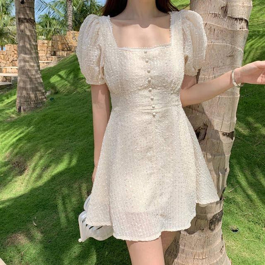 Elegant Flower Pearl Short Dress Women Sexy Spaghetti Strap Summer Sundress Female Short Beach Dress