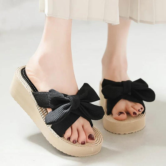 Beach Slippers Women's Summer Bows Wear Thick Bottom Sandals Women's Seaside Non-slip Wedge Heels Women's Flip-flops
