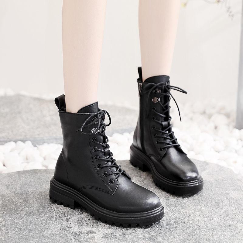 Waterproof Genuine Leather Boots Female British Style Autumn  Winter Chunky Heel Boots Plus Velvet Ankle Boots Outdoor Working Boots