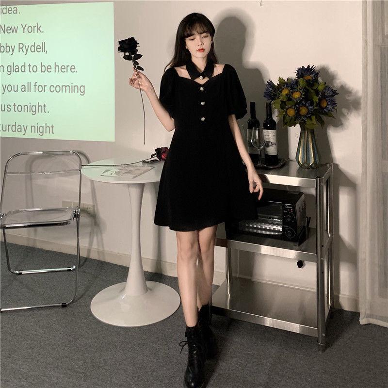 Black Sexy Dress Design Sense Niche Mid-length Split Dress Female Waist Waist Is Thinner, Black Lady A-line Version Dress Waist Waist Is Thinner