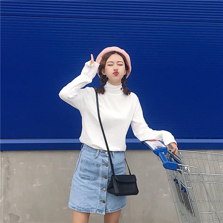 Pofulove Student Slim Wild Clothes Winter Plus Velvet Long Sleeve Half Turtleneck Bottoming Shirt