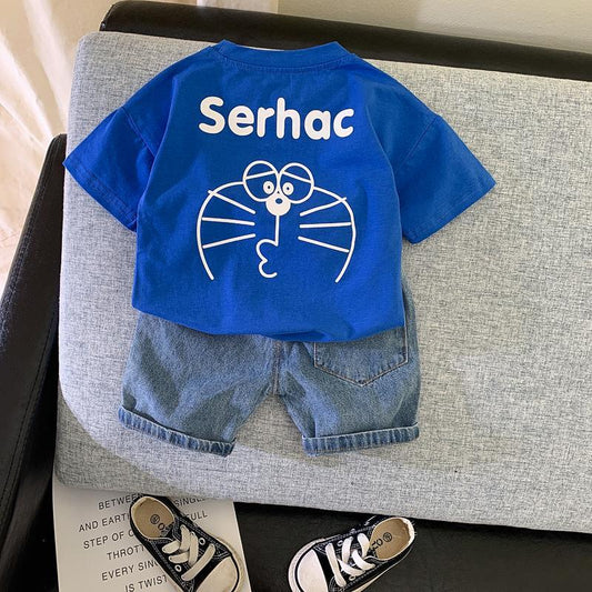 Baby Boy Clothing Set Kids Cute Summer Suit T-Shirt Denim Shorts Cartoon Children Outwear Cotton Outfits Khaki Red