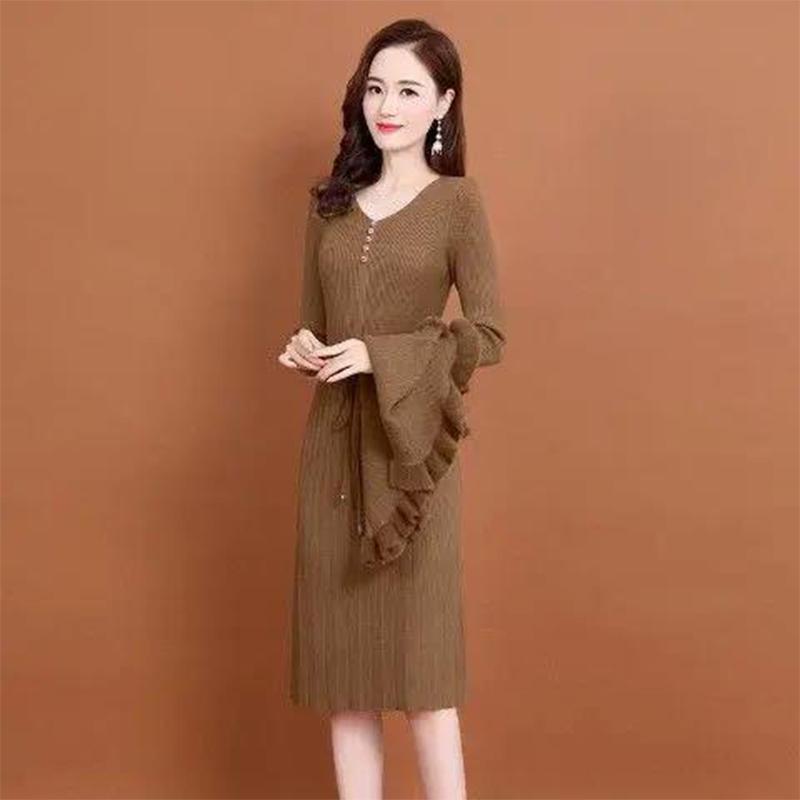 Knitted Dress Women's 2021 Autumn and Winter Temperament Winter Dress Mid-length Bottoming Inner Sleeve Sweater Dress Dress