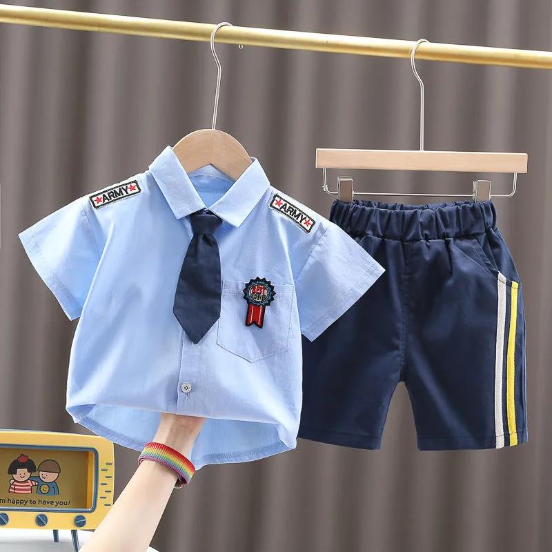 Boys' Short-sleeved Summer Suits Baby Western-style Tie Suits Two-piece Suit Summer Children's Handsome Trend