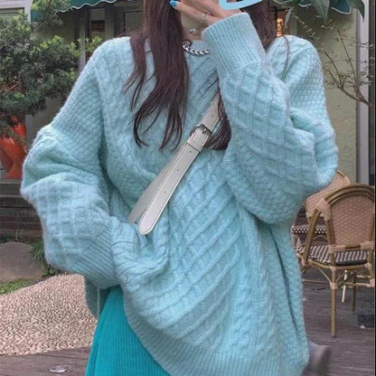 Autumn and Winter Women's Sweater Korean Loose Soft Solid Color Blouse Retro Round Neck Pullover