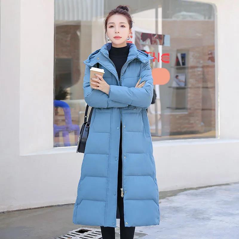 Winter Detachable Hat Fashion Leisure Long Knee Down Cotton Jacket Women's Belt Slim Thickened Cotton Jacket