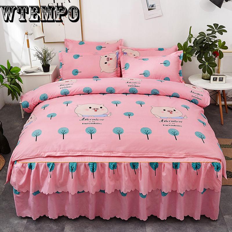Lace Decoration Non-slip Bed Skirt Queen Size Bedding Set Bedsheet Bedcover Pillowcase Home