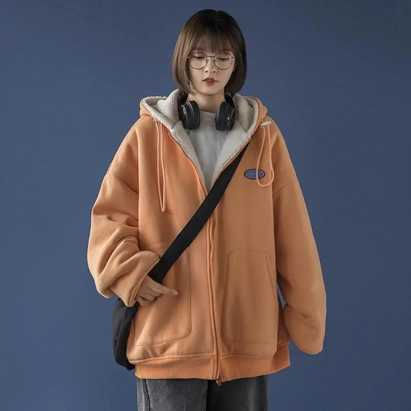 Retro Plus Size Lamb Wool Coat Plus Velvet Winter Oversize All-match Coat Ladies Zipper Cardigan Loose Hooded Sweater